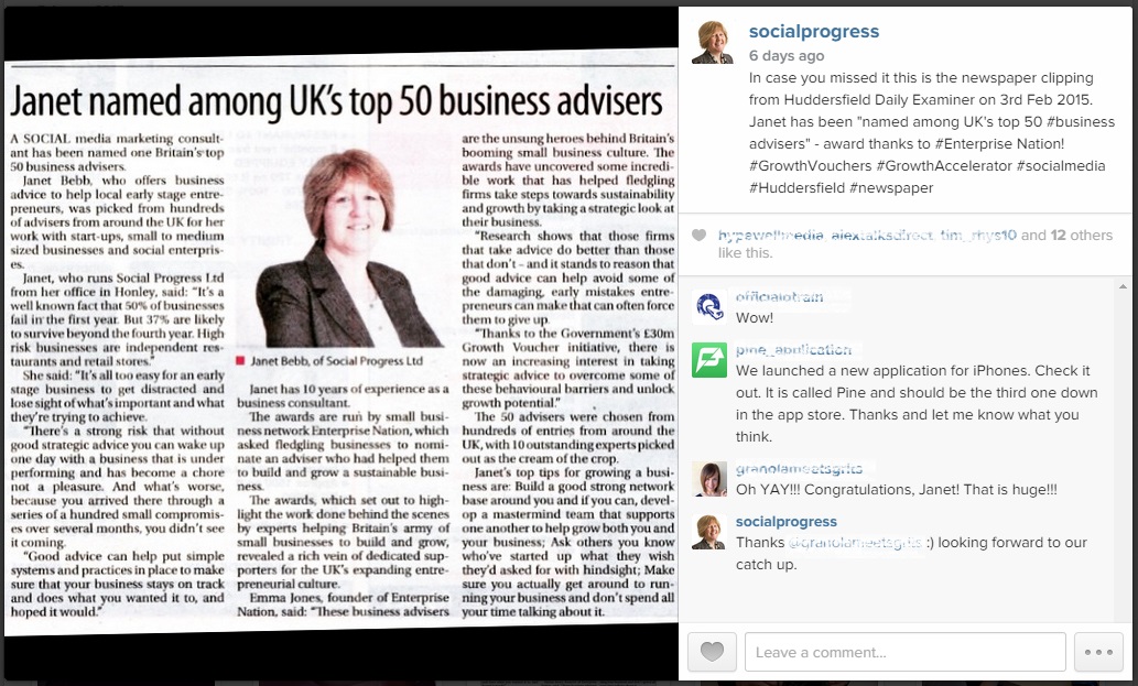 Social Progress Ltd - Newspaper Article UK Growth Accelerator Coach - Instagram Photo