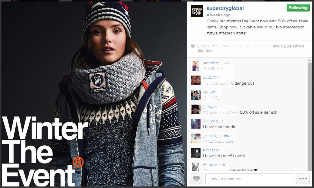 Image from @superdryglobal Instagram account - showing off their product & using their branding to enhance it