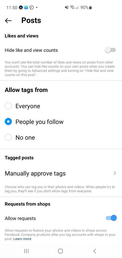 Changing who's allowed to tag you in posts on Instagram to People You Follow