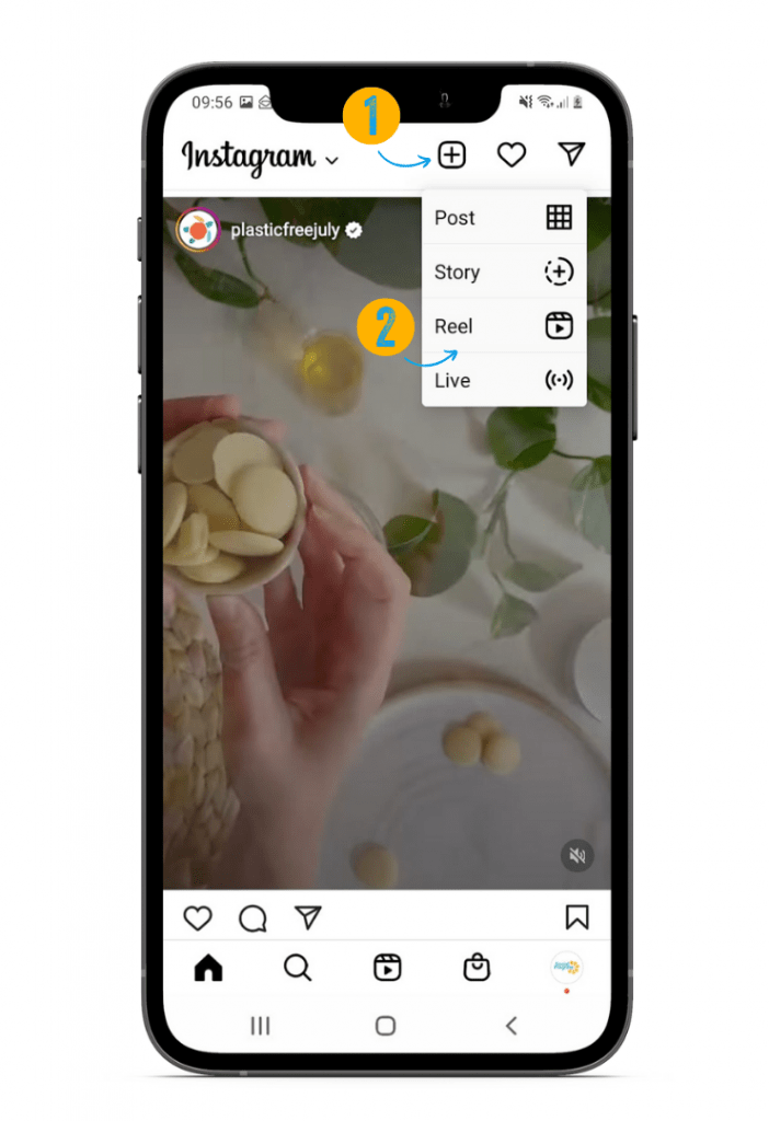 Screenshot of Instagram home feed showing where to navigate to make an Instagram Reel