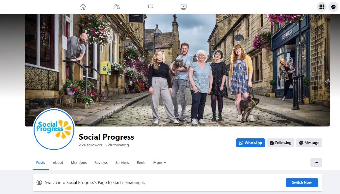 Screenshot of Social Progress' Facebook page, showing the option to switch from a Facebook profile to manage the page