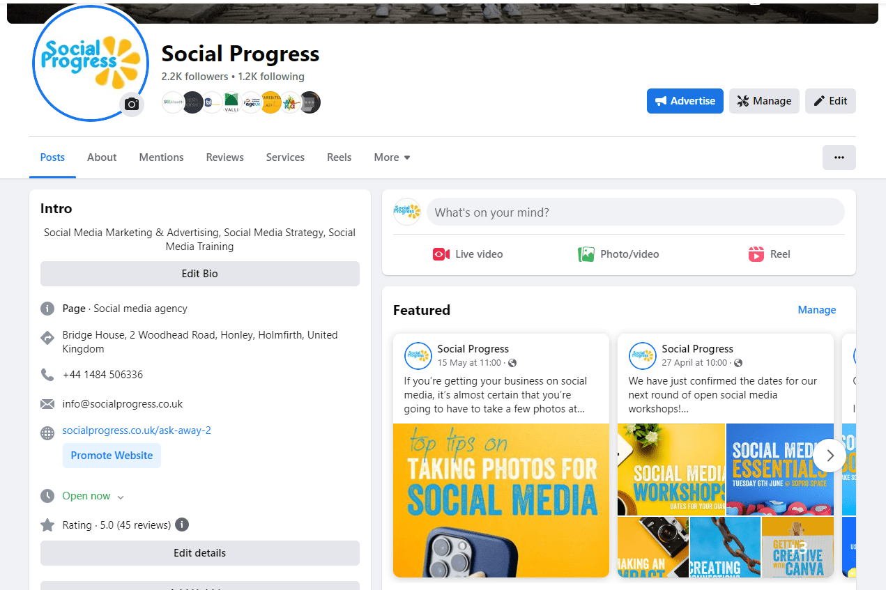 The features of a Facebook page, including sections across the top, and an intro bar at the side which holds information about the company/page.